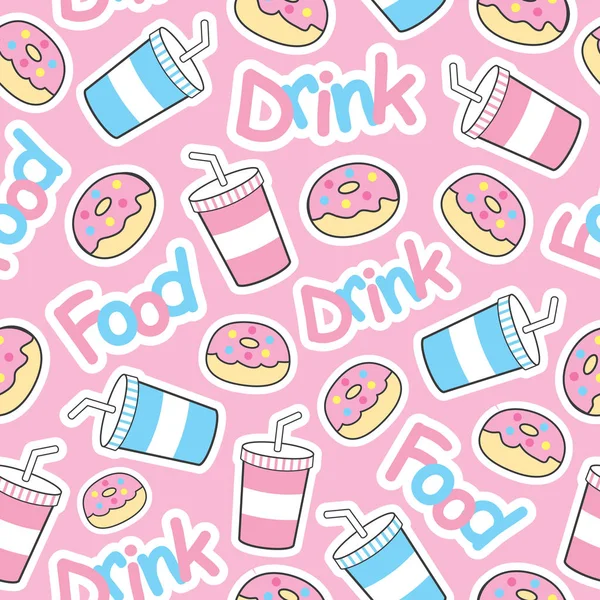 Lindo patrón sin costuras de donut con refresco sobre fondo rosa — Vector de stock