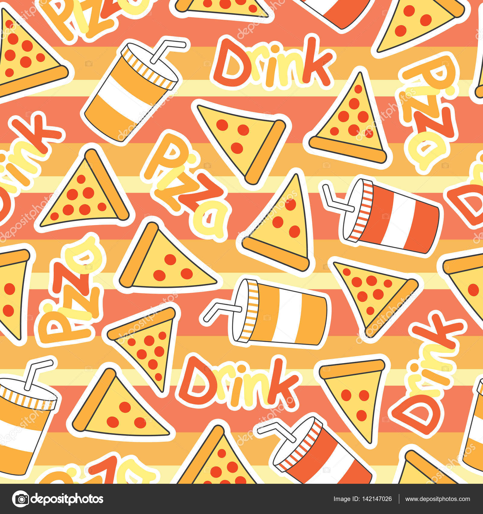 Modello senza cuciture Pizza sveglio con bevande analcoliche su strisce sfondo adatto per bambino carta da parati carta straccia e tessuto — Vettoriali di
