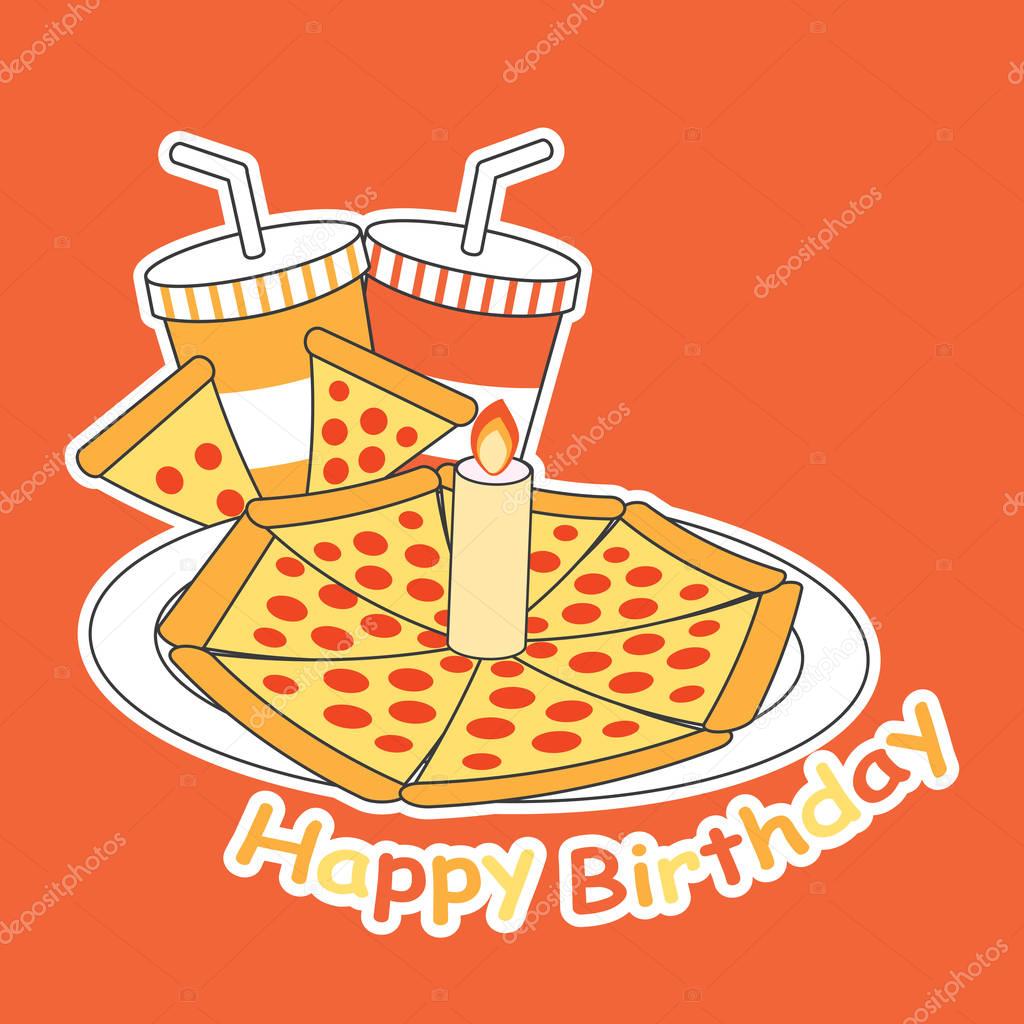 birthday-card-with-pizza-on-the-plate-and-soft-drinks-stock-vector