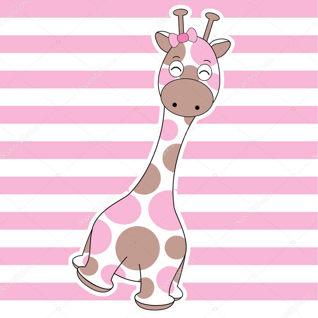 Baby shower card with cute baby giraffe on pink stripes background