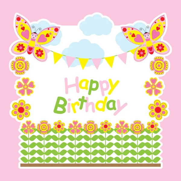 Birthday card with cute butterflies fly on the flowers garden — Stock Vector