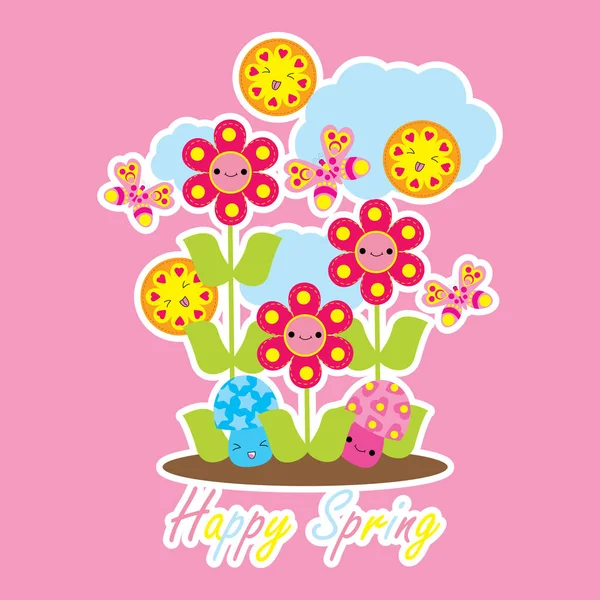 Frühlingskarte mit niedlichen Schmetterling, Pilz und Blume Cartoon — Stockvektor