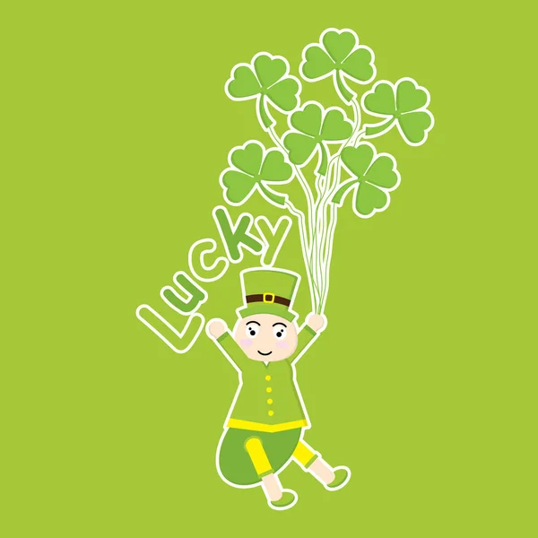 Carte de la Saint-Patrick Day avec dessin animé mignon fourmi et feuilles de trèfle sur fond vert — Image vectorielle