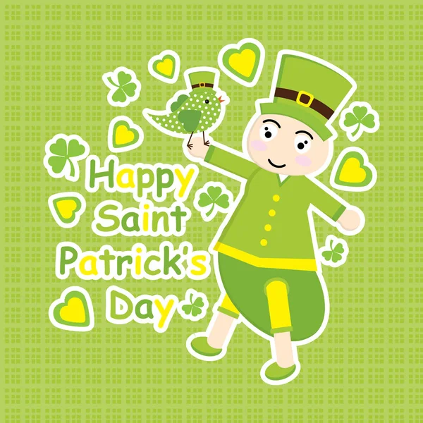 Tarjeta del día de San Patricio con lindo dibujo animado hormiga y pájaro verde — Vector de stock