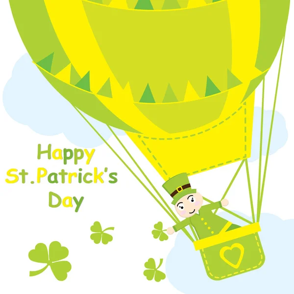 Carte de Saint Patrick Day avec jolie fourmi en montgolfière et feuilles de trèfle — Image vectorielle