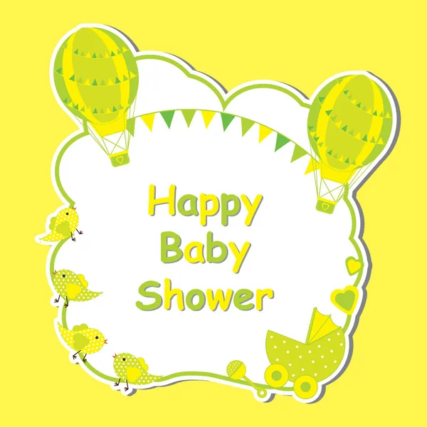 Baby ντους κάρτα με χαριτωμένο αερόστατο, το μωρό καλάθι και πουλιών πλαίσιο σε κίτρινο φόντο — Διανυσματικό Αρχείο