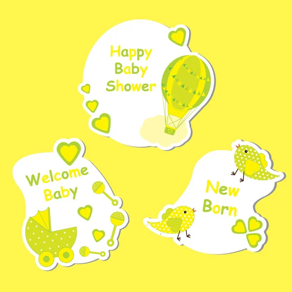 Babyduschkarte mit süßem Heißluftballon, Babywagen und Vogel — Stockvektor