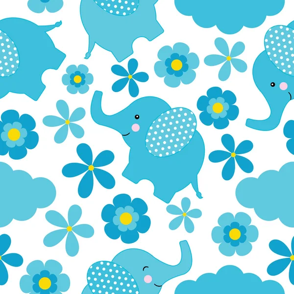 Patrón sin costura de ducha de bebé con elefante lindo y flores — Vector de stock