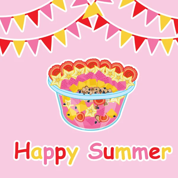 Sommerkarte mit Obstsalat und bunter Fahne — Stockvektor