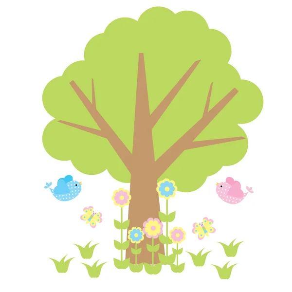 Cute birds, tree, flowers, and butterflies vector cartoon — Stock Vector