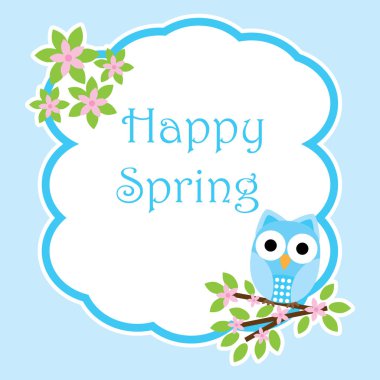 Bahar kartı ile çiçek şube çerçeve üzerinde şirin baykuş