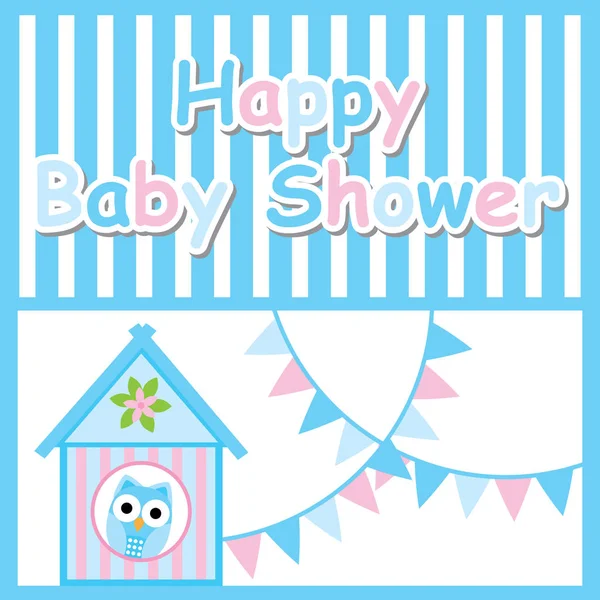Baby shower kártya aranyos bagoly, madár ház és színes zászló — Stock Vector