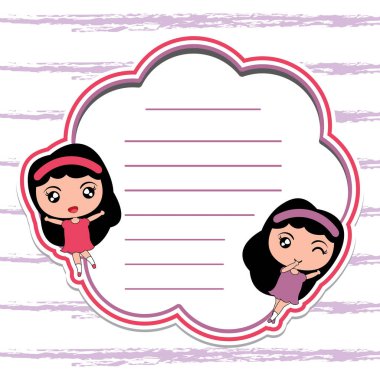 Not kartı kağıt vektör karikatür kırmızı çerçeve çocuk kartpostal için uygun şirin kızlar ile