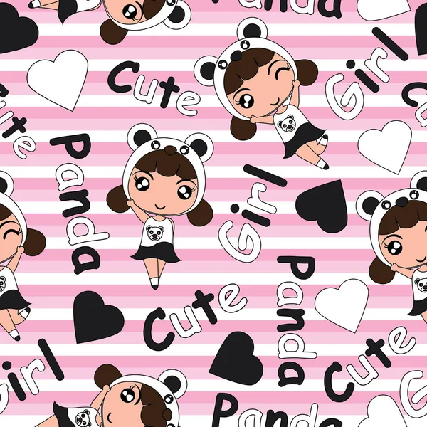 Modèle sans couture dessin animé vectoriel avec des filles panda mignon sur fond rose rayé adapté pour papier peint enfant — Image vectorielle