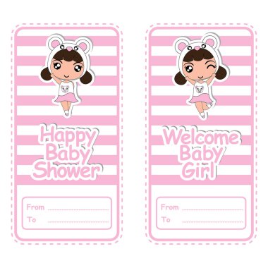 Bebek duş banner vektör çizgi film tasarımı pembe çizgili arka plan bebek duş kartpostal için uygun üzerinde sevimli panda kızla