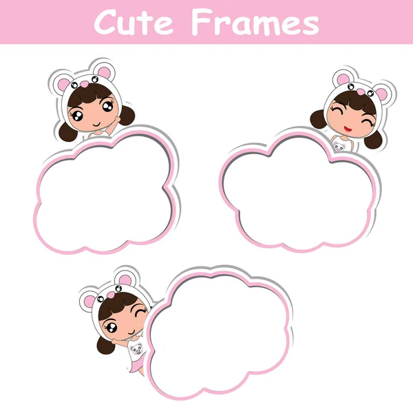 Memo tarjeta de papel vector diseño de dibujos animados con chicas panda lindo en marco rosa adecuado para la postal del niño — Vector de stock
