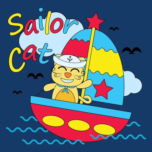 Gemici çocuk t gömlek tasarımı için uygun denizde olarak şirin kedi vektör karikatür çizim