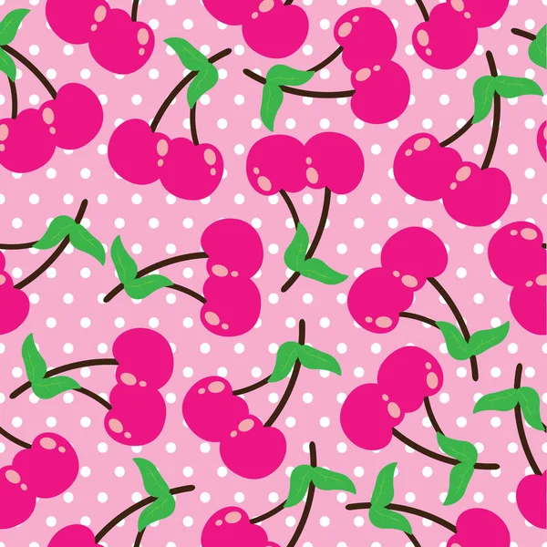 Seamless mönster vektor tecknad illustration av körsbär frukt på polka dot bakgrund passar kid tyg bakgrundsdesign — Stock vektor