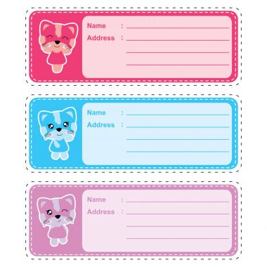 Adres etiket vektör karikatür ile şirin renkli kedi kız çocuk adres etiket tasarımı için uygun