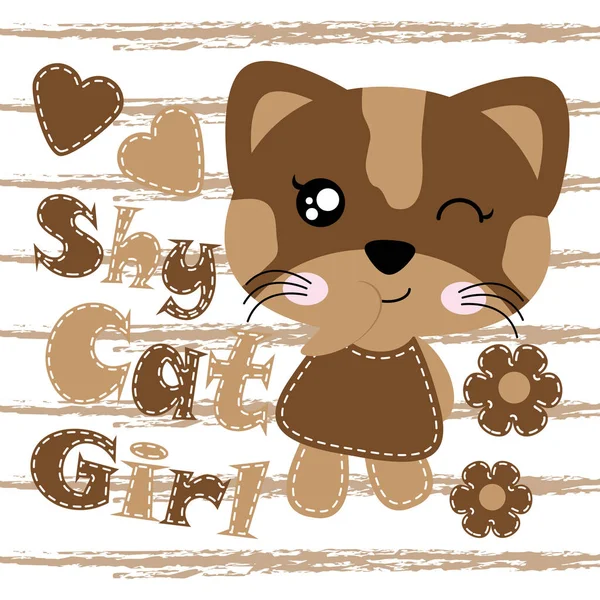Vektorové ilustrace kreslené roztomilý kočka dívka a květiny na proužkovaném pozadí vhodné pro kid t-shirt grafický design — Stockový vektor