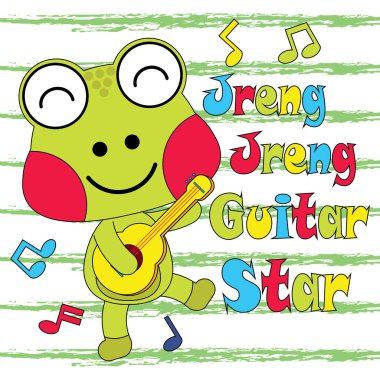 Vektör karikatür çizim sevimli kurbağa çocuk t-shirt grafik tasarım için uygun gitar çalıyor