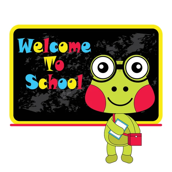 かわいいカエルの漫画イラストをベクトルし、子供 t シャツ グラフィック デザインに適した学校へようこそ — ストックベクタ