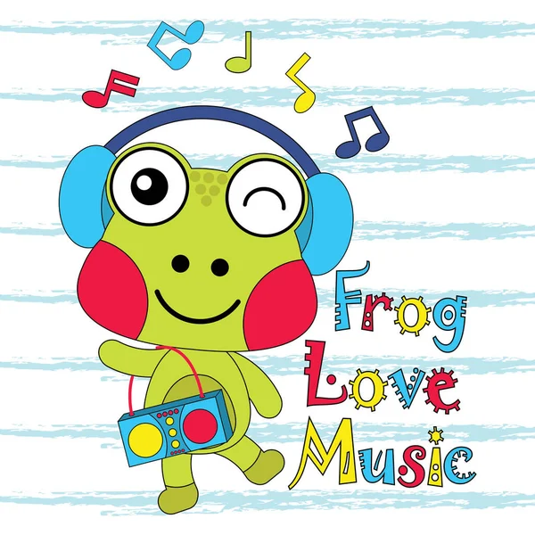 かわいいカエルのベクトル漫画イラスト子供 t シャツ グラフィック デザインに適した音楽を愛しています。 — ストックベクタ