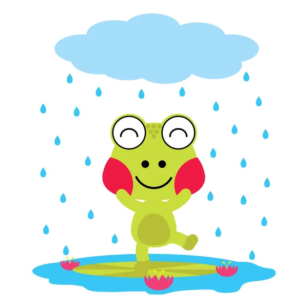 Vektor-Cartoon-Illustration von niedlichen Frosch spielt auf dem Regen geeignet für Kinder T-Shirt Grafik-Design — Stockvektor