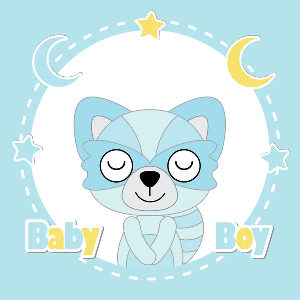 Vector cartoon illustration of cute fox boy sleeps on blue frame suitable for baby shower card design — Stock Vector