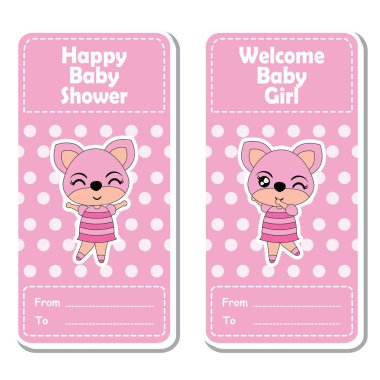 Vektör karikatür çizim üzerinde pembe polka dot arka plan bebek duş etiket tasarımı için uygun şirin fox kızlarla