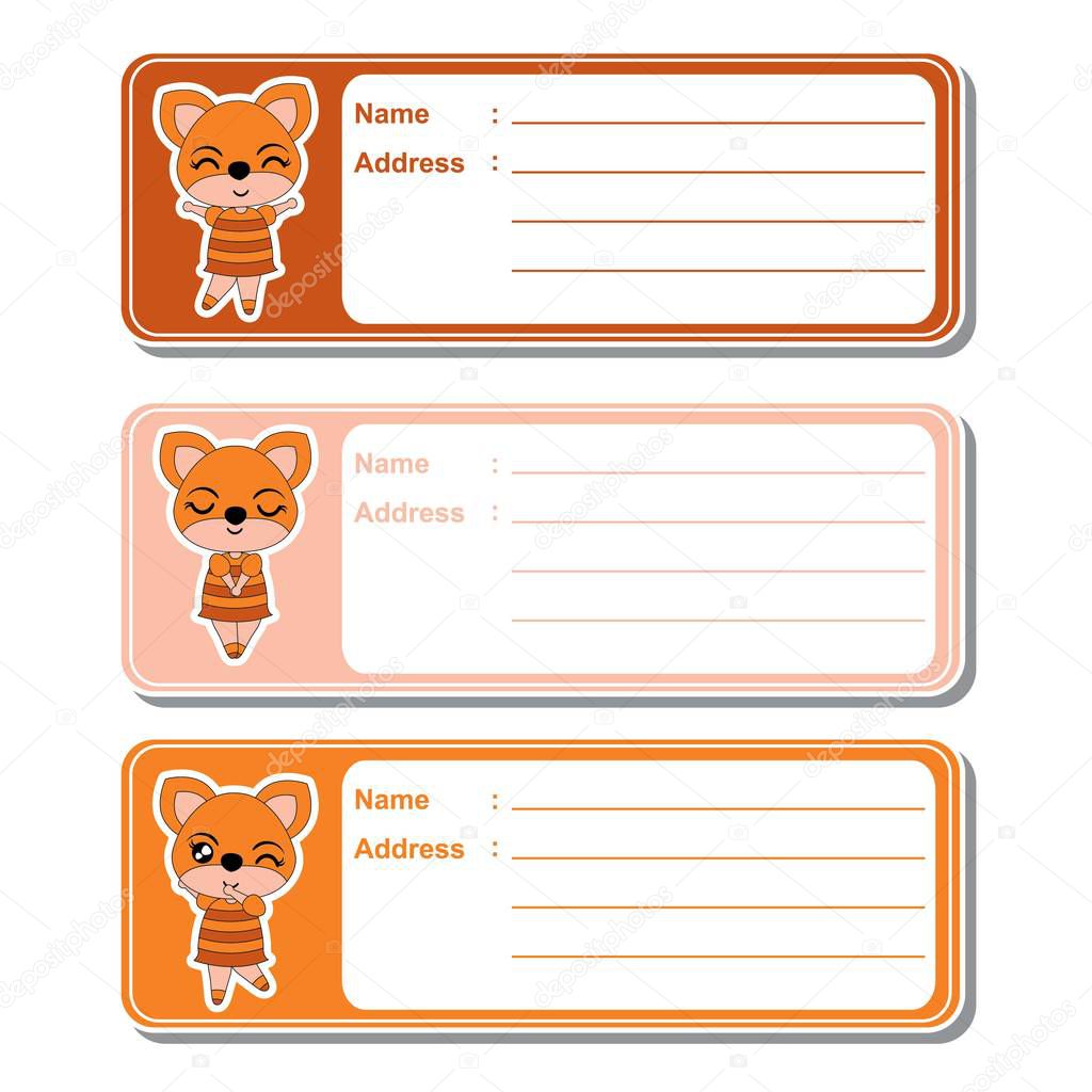 Address label vector cartoon with cute fox girls on colorful background suitable for kid address label design