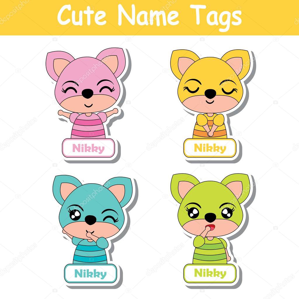 Name tag Vector cartoon of colorful cute fox girls suitable for kid name tag set design