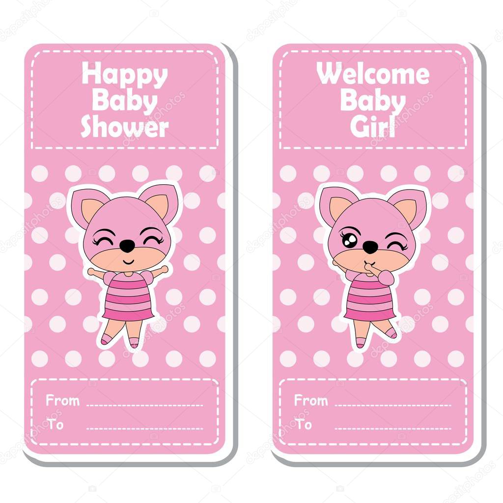Vector cartoon illustration with cute fox girls on pink polka dot background suitable for Baby shower label design