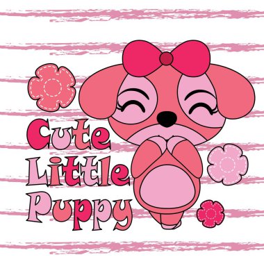 Vektör karikatür çizim çocuk t-shirt grafik tasarım için çizgili arka plan üzerinde şirin küçük köpek yavrusu ile