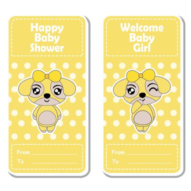 Vektör karikatür çizim üzerinde sarı puantiyeli arka plan bebek duş etiket tasarımı için uygun şirin köpek yavrusu kızlarla