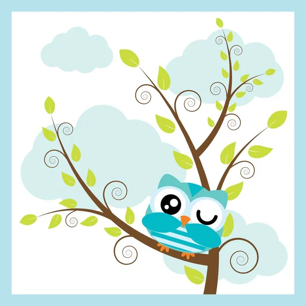 Vector cartoon illustration with cute owl on tree branch and cloud background suitable for kid t-shirt graphic design