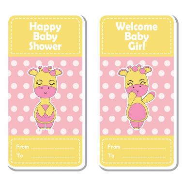Vektör karikatür çizim üzerinde pembe polka dot arka plan bebek duş etiket tasarımı için uygun şirin zürafa kızlarla