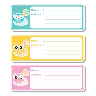 Çocuk adres etiket tasarımı için uygun renkli arka plan üzerinde sevimli baykuşlar ile adres etiket vektör karikatür