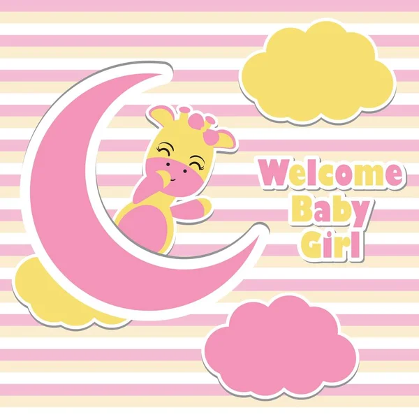 Διάνυσμα καρτούν εικονογράφηση με χαριτωμένο καμηλοπάρδαλη κορίτσια στην ροζ φεγγάρι και κατάλληλο για το μωρό ντους πρόσκληση κάρτα σχέδιο ριγέ φόντο — Διανυσματικό Αρχείο