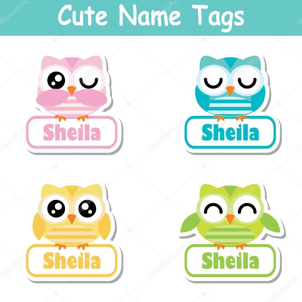 Name tag Vector cartoon of colorful cute owl birds suitable for kid name tag set design