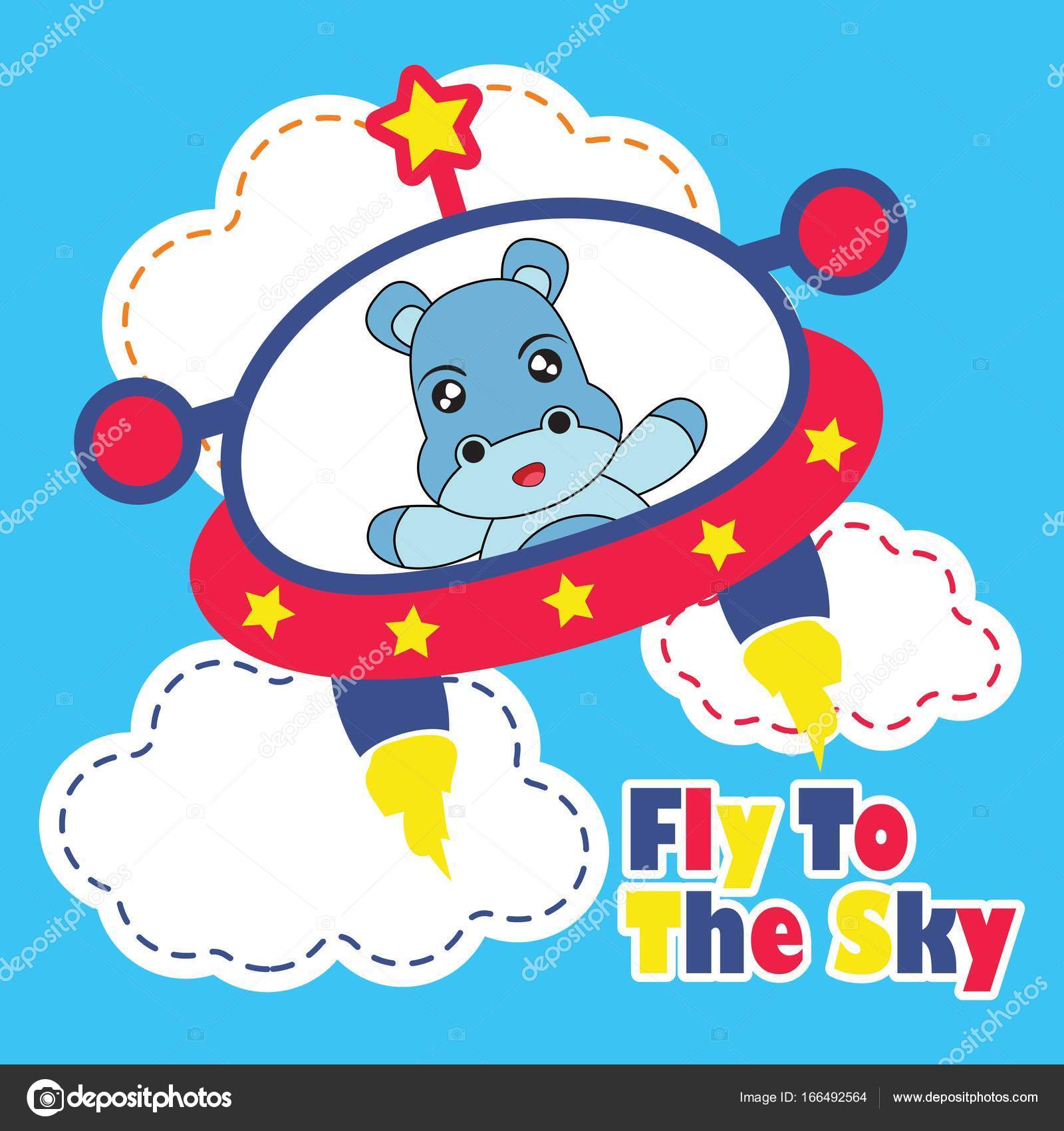 Illustrazione del fumetto di vettore con volare Ippopotamo sveglio del bambino con Ufo colorato per la