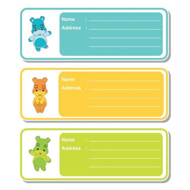Adres etiket şirin su aygırı ile vektör karikatür çocuklar renkli arka plan üzerinde çocuk adres etiket tasarımı için uygun