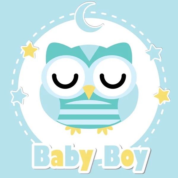 Ilustración de dibujos animados vectorial con niño lindo búho en la luna azul y estrellas marco adecuado para el diseño de tarjetas de invitación Baby shower — Archivo Imágenes Vectoriales