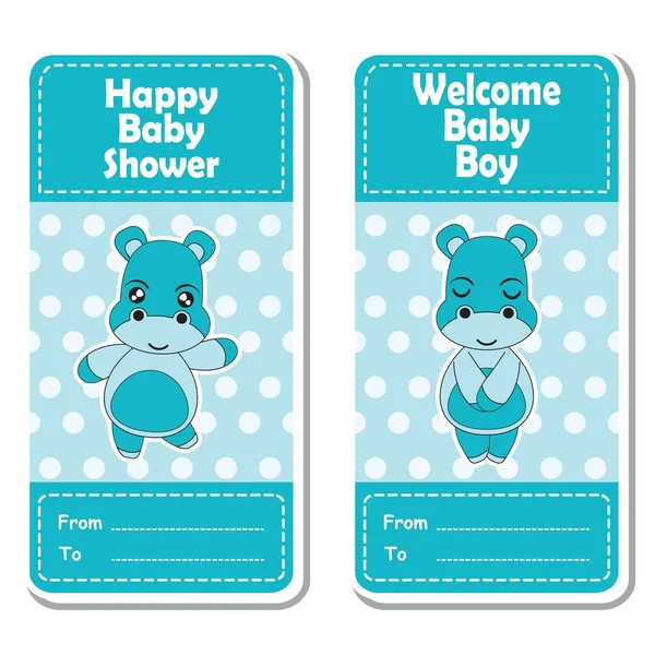 Ilustración de dibujos animados vectorial con lindo niño hipopótamo sobre fondo de lunares azul adecuado para el diseño de etiquetas de ducha de bebé — Vector de stock