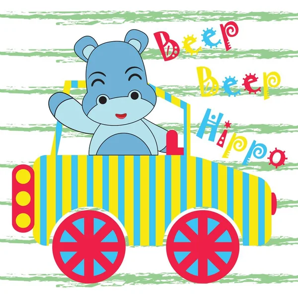 Vektor tecknad illustration med söt baby flodhäst kör bil på randig bakgrund för kid t-shirt grafisk design — Stock vektor