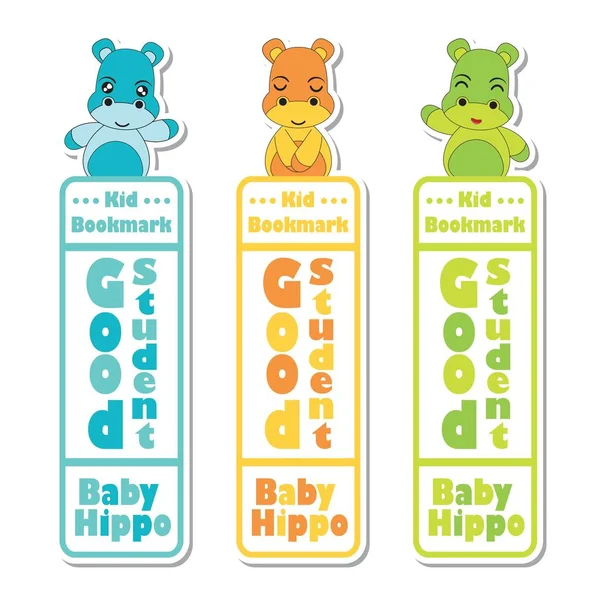 Etiqueta marcador vector de dibujos animados con hipopótamos bebé lindo sobre fondo colorido adecuado para el diseño de etiquetas de marcadores de niños — Vector de stock