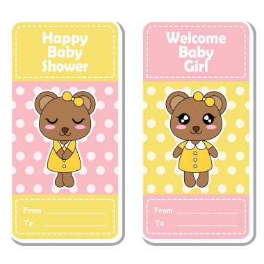 Vektör karikatür çizim ile pembe ve sarı puantiyeli arka plan bebek duş etiket tasarımı için uygun şirin ayı kız