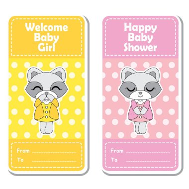 Vektör karikatür çizim ile pembe ve sarı puantiyeli arka plan bebek duş etiket tasarımı için uygun şirin Rakun kızlar