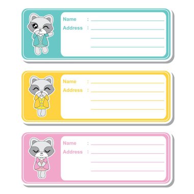 Vektör karikatür çizim renkli arka plan çocuk adres etiket tasarımı için uygun şirin Rakun kızlar ile