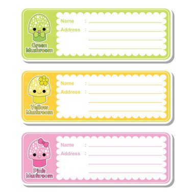 Vektör karikatür çizim üzerinde renkli arka plan çocuk adres etiket tasarımı için uygun şirin mantar ile